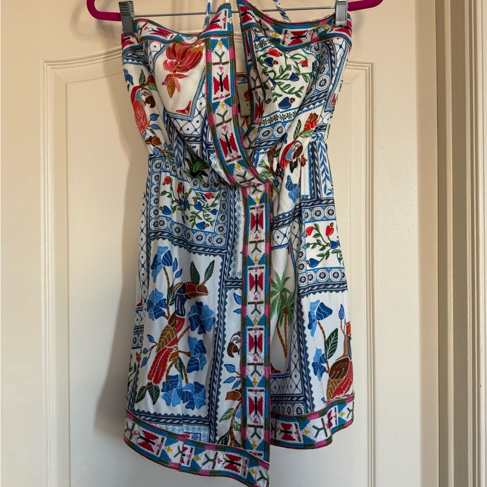 FARM RIO TROPICAL TILES EMBROIDERED CREPE MINI DRESS